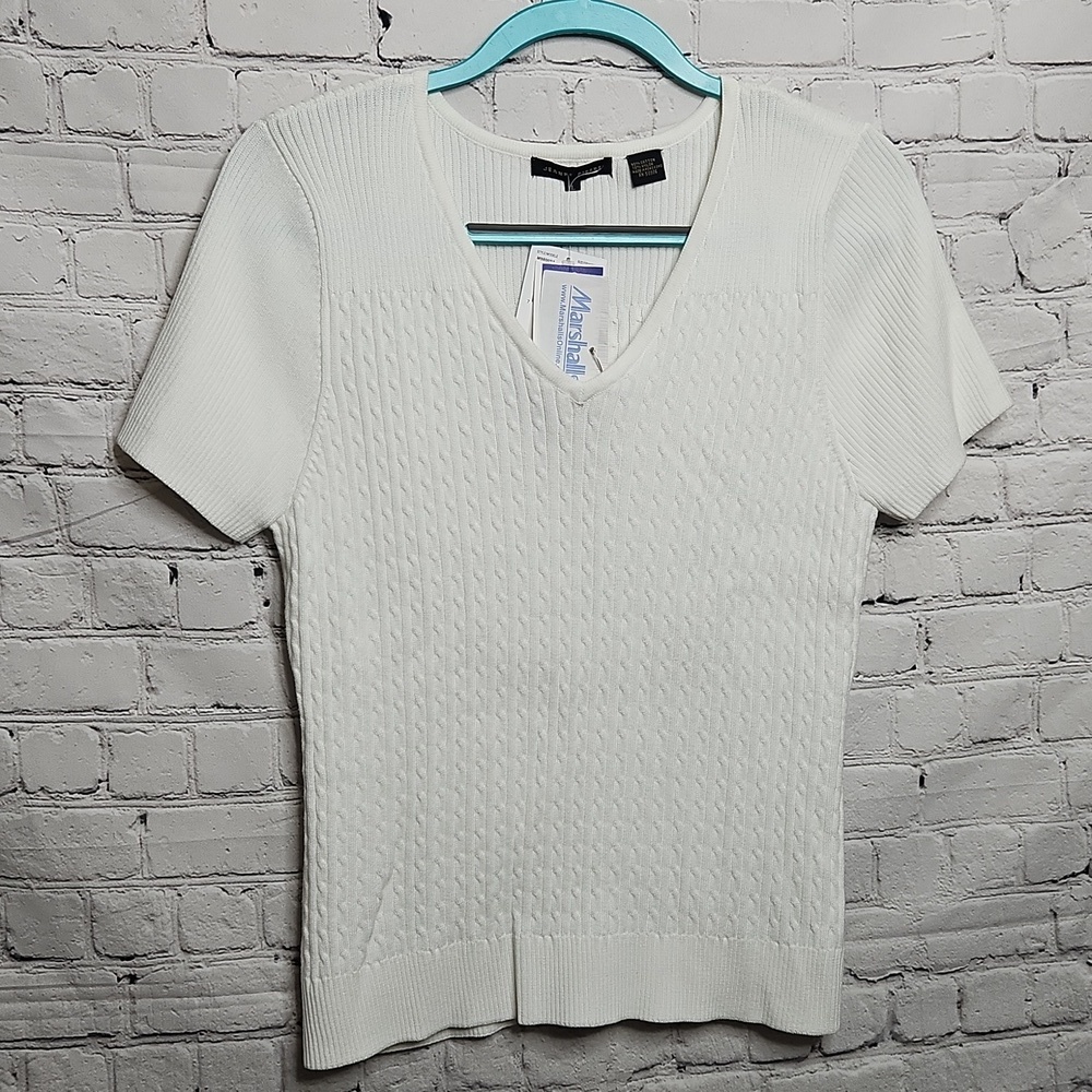 Jeanne Pierre White Cable Knit V Neck Short Sleeve Sweater Large NWT